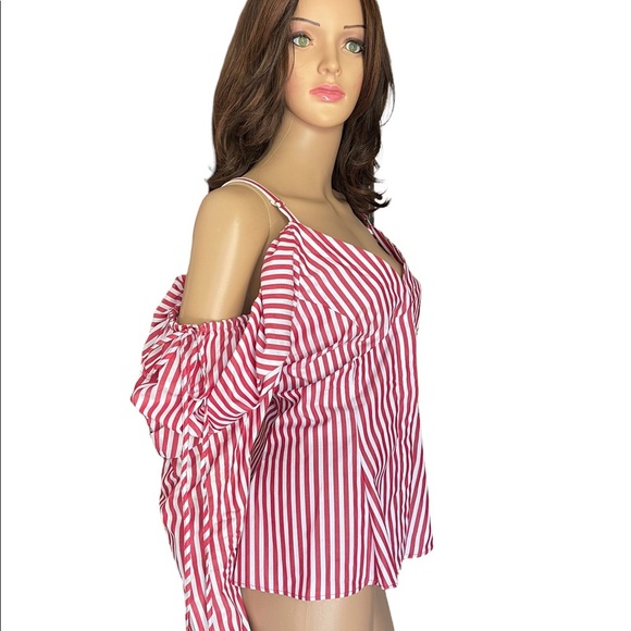 Petersyn Alice Striped Poplin Cold Should Blouse Size M Red and White - Picture 3 of 15
